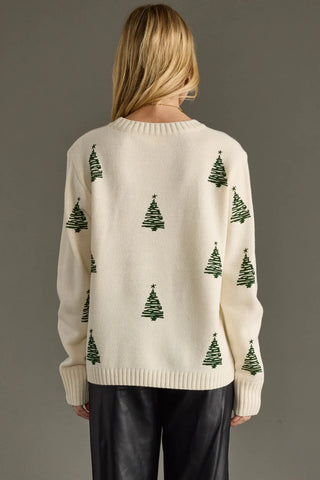 Person wearing a cream sweater with green tree patterns on a gray background